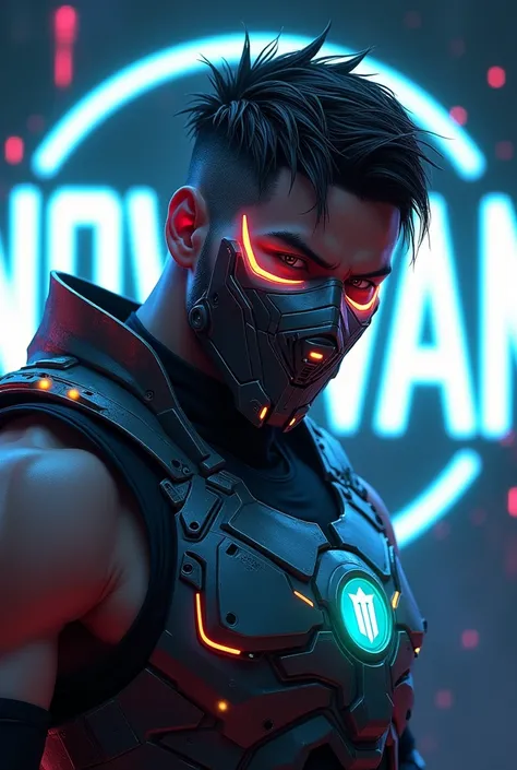 Create a realistic icon pfp the man fighter with LED
unique armor and mask its look like moba games the background is LED "Nowan" font