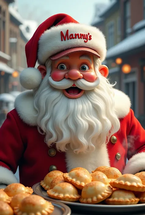 Santa Claus selling Argentinian empanadas and saying MANNYS on the hat 