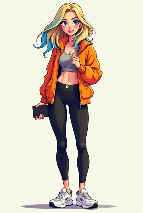 Best quality, masterpiece, cartoony, a woman in her mid-20s, a Zoomer, blonde hair with blue streaks, blue eyes. ((Wearing: orange jacket, gray crop-top, black Lululemon-branded leggings, white slip-on shoes)). Shes holding an I-Phone in one hand
