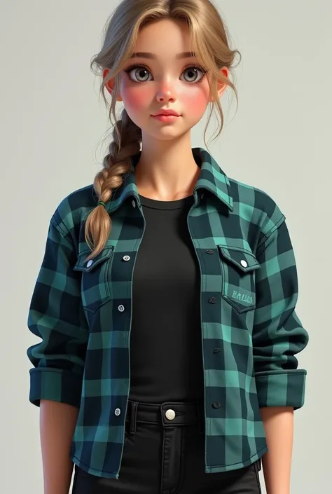 A teenage girl with light hair braided into a pigtail. Dressed in a black T-shirt, over which is a dark turquoise checkered shirt and black pants