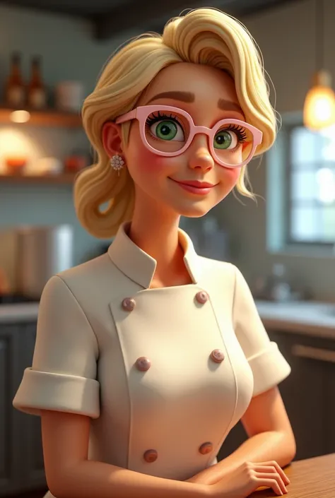  fair-skinned woman,  blond hair, At 40 years old, round face,  green eyes , Of light pink glasses , Strong body, dressed as a chef ,  in a restaurant kitchen animation style rendering, 3D stylized, Arnold Maya Rendering, stylized 3d rendering,  toon rende...