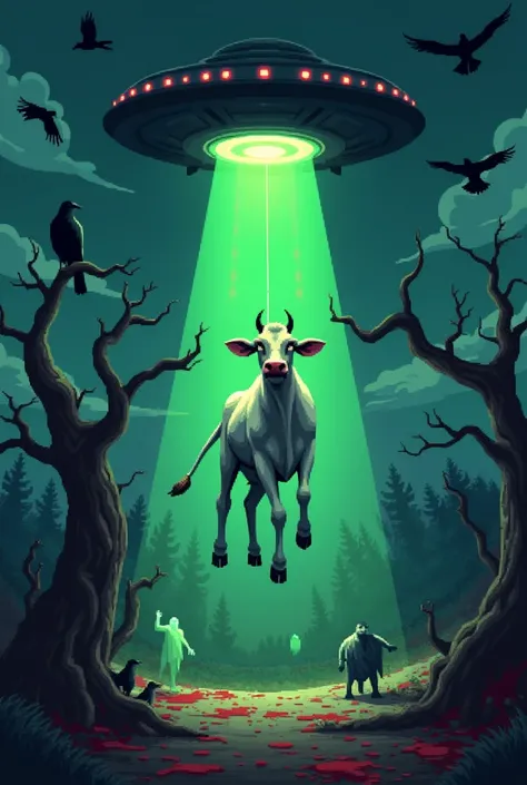 I want a wallpaper of a very scary farm with a cow right in the center that cow is being abducted by an alien ship with a green light and its passing by its nighttime there are crows flying at night with bloodstains all over the place to a dead tree and ve...