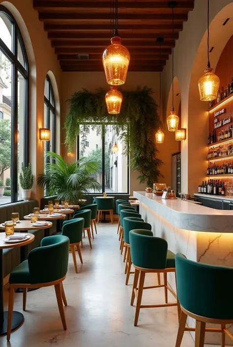 A warm evening scene inside a modern bar in a tiny French Riviera village, capturing the perfect blend of elegance and Mediterranean charm. The polished white marble counter with golden details is surrounded by emerald velvet stools and light natural wood ...