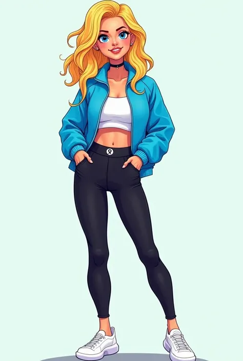  Cartoony, a woman in her mid-20s, a Zoomer, wavy blonde hair with blue streaks in it, blue eyes. ((Wearing: blue jacket, white crop-top, black Lululemon-branded leggings and white slip-on shoes))
