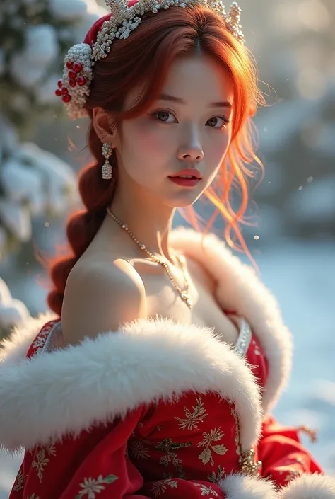 Beautiful Asian girl with red hair in Santa Claus dress