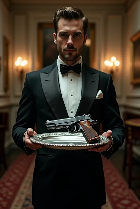 Butler serving a tray with a gun