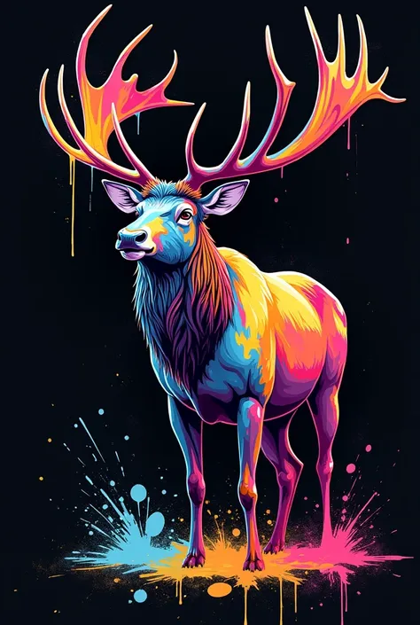 Vector graphics,   Colored illustration with graffiti elk, bright colors,  Splashes of paint and stains   ,  high details,   black background 