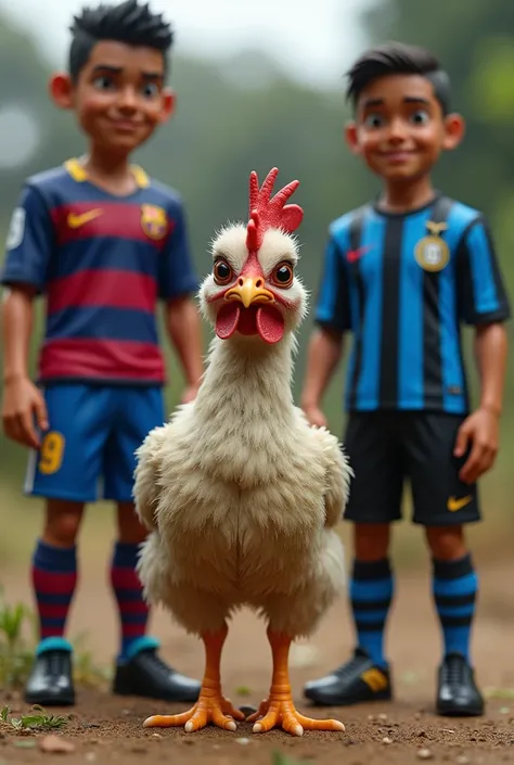 A smelly little baby chicken, with Messi feathers. Ronaldinho Gaucho and Ronaldo Fenômeno are at his sides. Ronaldo Fenômeno wears the blue and black uniform of Internazionale football club. Ronaldinho Gaucho wears the uniform of Barcelona football club.