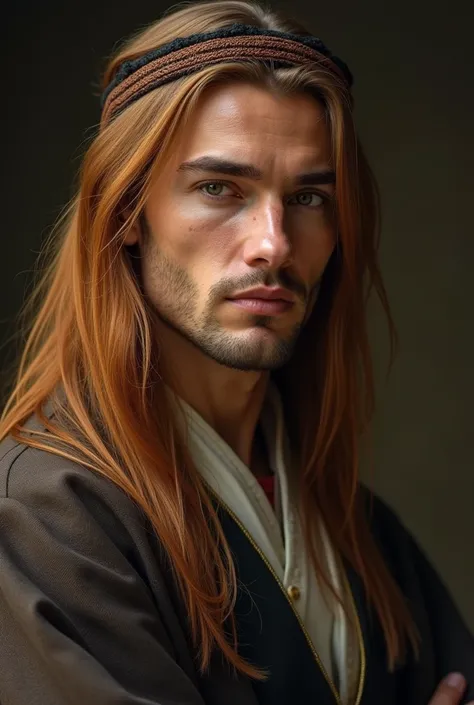 A person of about 35 years old ,  who is a man with straight saffron hair that falls like cascades down his shoulders with dark and deep eyes, a soft and delicate face, But let it be seen that he is a man ,  with almost invisible freckles and who looks ele...