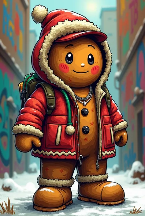 A Christmas gingerbread man but rapper with a yokie hat, backwards, Drawing style