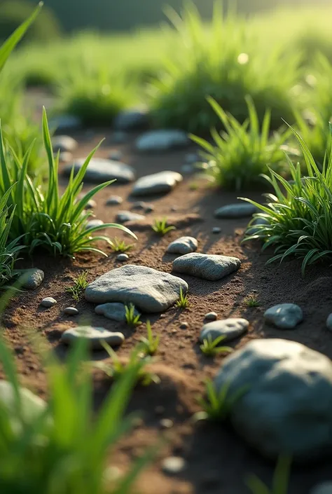  Earth texture with grass and stones up close. Hyperrealistic and high definition .