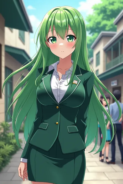 *The girl had long green hair and light green eyes with big breasts and works in the UA high school (anime)*