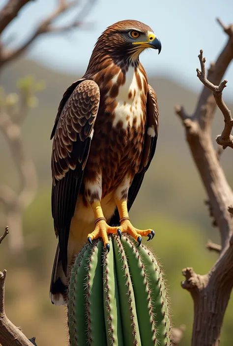  Valiant carcará on the beak of a cactus,  in a caatinga environment in Northeastern Brazil, with dry branches in the background , Realistic photo,  ultra detailed 