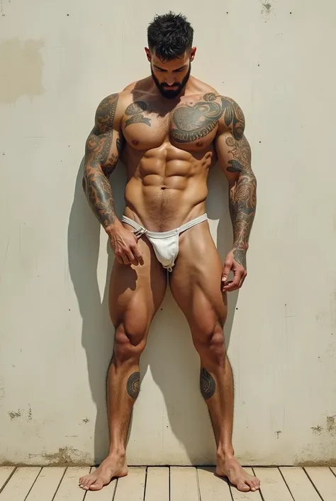 Handsome big-breasted muscular boy with armpit hair in underwear now without underwear holding his tattooed Korean penis showing his dirty feet