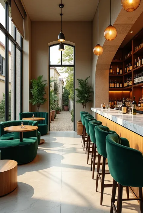 A photorealistic scene of a small, trendy cocktail bar and boutique wine shop in a hidden corner of a tiny French Riviera village. The space features a polished white marble bar with golden brass details, surrounded by emerald velvet stools and light woode...