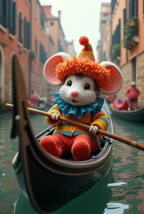 Mouse dressed as a clown in a gondola in Venice