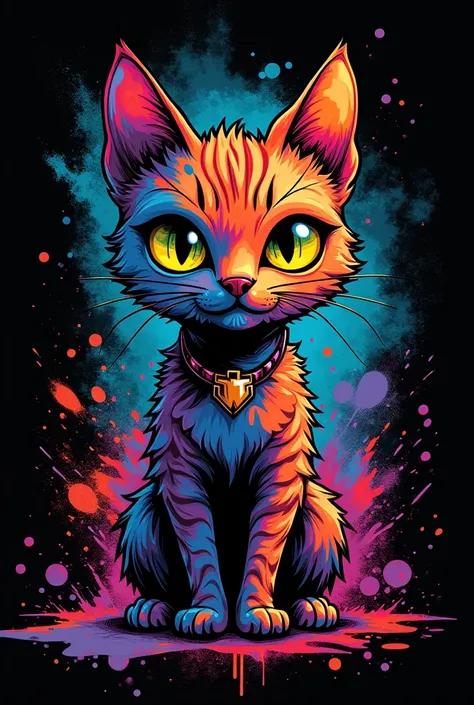 Vector graphics,   Color illustration with graffiti cat, bright colors,  Splashes of paint and stains     ,  high details,     black background   