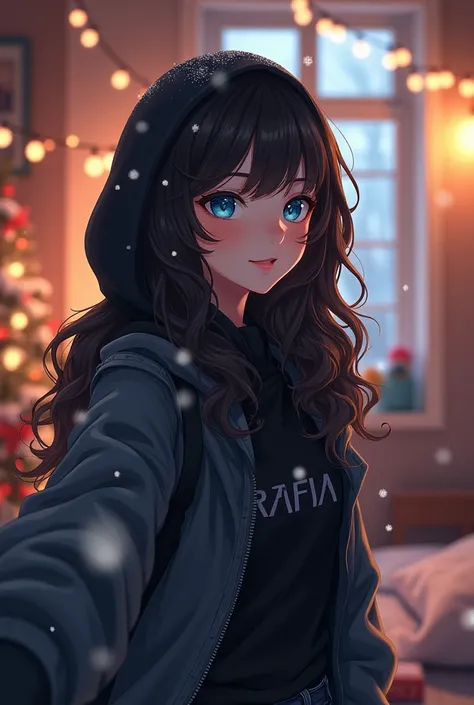  frozen anime girl .  - 18 years old -oval long face .  -black fluffy curly hair and blue eyes.  - black sweatshirt and jacket dressed in jeans . -waist-view .  -smile on her face .  -background cozy room .  -she stands hooded and takes a selfie .  -snow o...