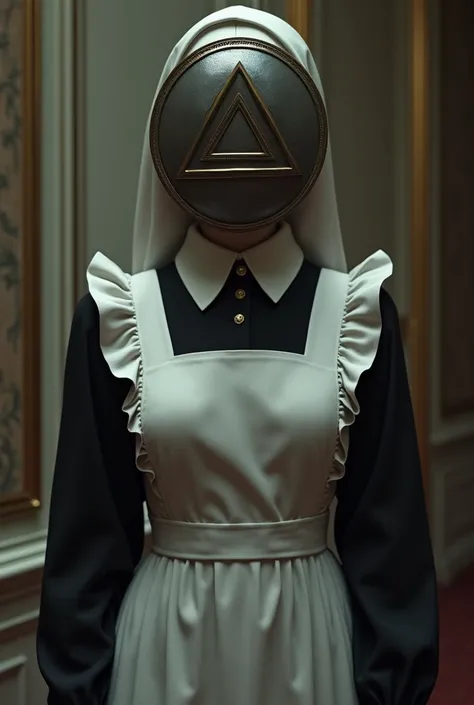 Make a maid who wears the round 6 mask that covers her entire face with the shape of a triangle on her face
