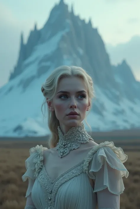 a lady in a plain, seeing an ice mountain in the distance, beautiful detailed eyes, beautiful detailed lips, extremely detailed face, long eyelashes, elegant dress, serene expression, cinematic lighting, dramatic colors, fantasy landscape, epic scale, atmo...