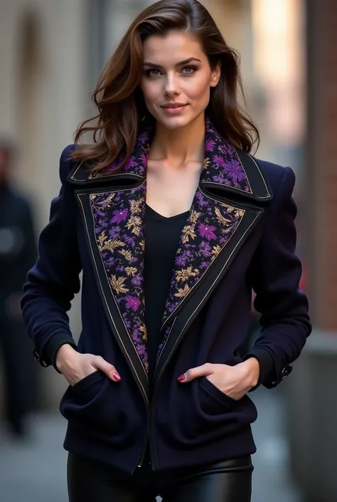 Collared sweater 
neck , wide black purple collar with designs and a little gold