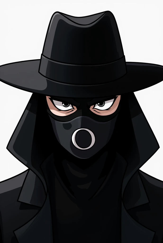  Create a guy with an all-black mask with an interrogation symbol in the middle of his face and an all-black hat too. In cartoon style mixed with anime 