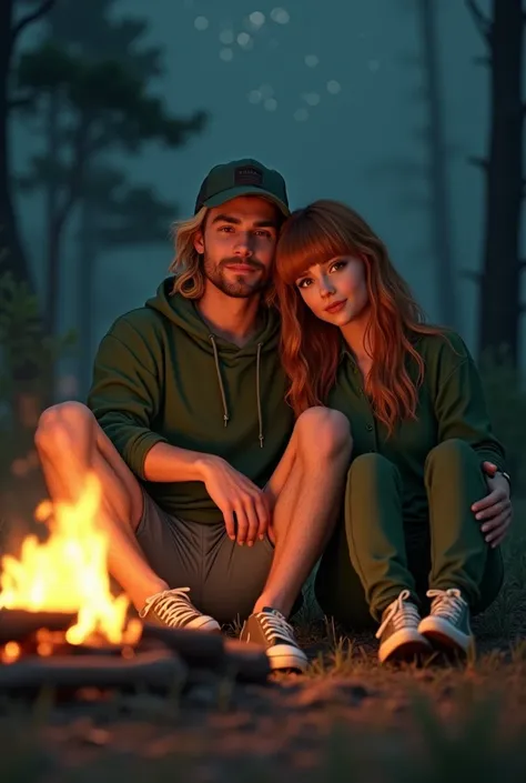 MAN 27 YEARS OLD, Theo James, long wavy blonde hair,  short beard failed on the side ,  Square face , light skin,  strong and muscular ,  wearing a green cap hoodie , Green cap ,  light gray shorts , Hawaiian flip flop, sitting on a chair hugging a Simones...