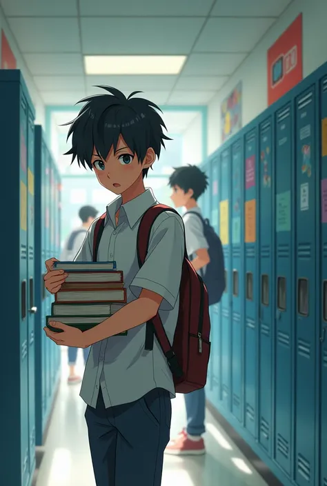  Teenage boy opening his locker in a school hallway with books in his hands,  a trio of boys approaching in the background , anime-style side angle .