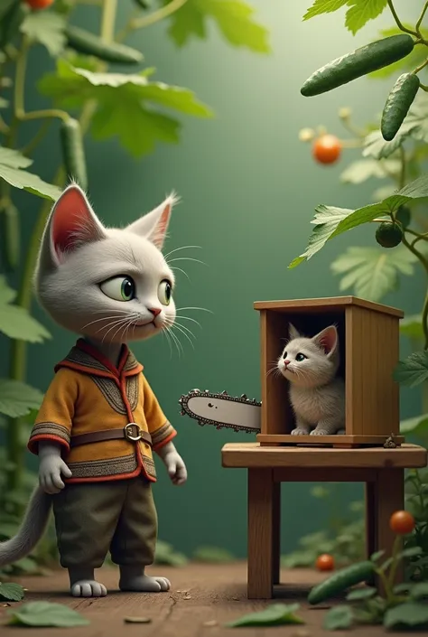 The ash-colored cat wearing Indonesian peasant clothes is talking to a cancil that is in brackets in a box-shaped cage against the background in a cucumber garden and next to it on the table is a chainsaw 