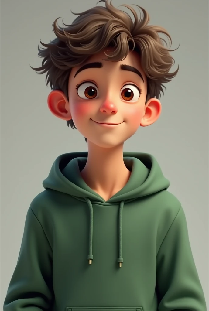 A 20-year-old boy with short, curly brown hair, brown eyes, a round face, a casual style, usually wearing a green or red hoodie and sweatpants