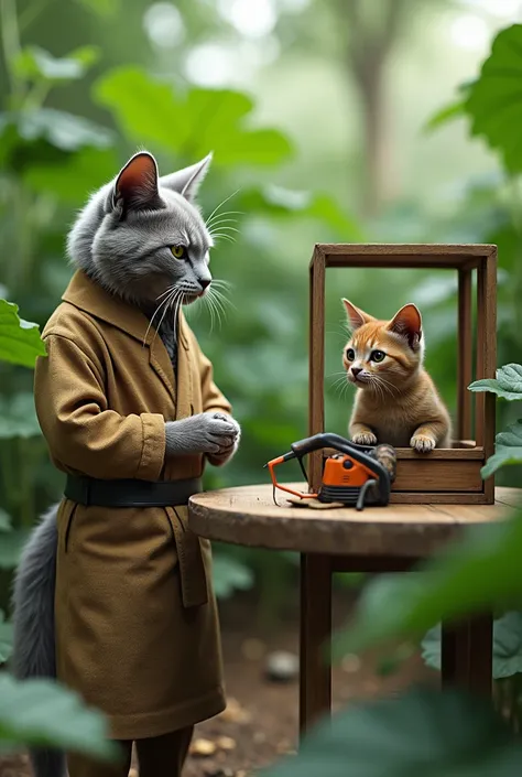 The ash-colored cat wearing Indonesian peasant clothes is talking to a cancil that is in brackets in a box-shaped cage against the background in a cucumber garden and next to it on the table is a chainsaw 