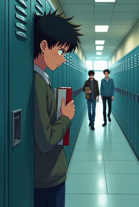 Teenage boy with a sad look looking at his locker,  opening his locker in a school corridor with books in his hands,  a trio of boys approaching in the background , anime-style side angle .