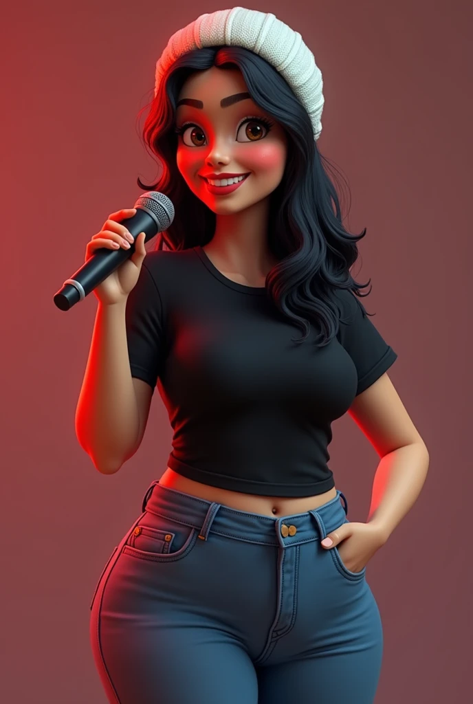 Create animated 3D image personality name Vanessa on the pretty tall plump womens t-shirt long black wavy hair brown eyes jean long black t-shirt red tennis black white wool hat singing with microphone in hand 