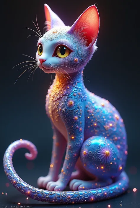 A hybrid creature resembling a cat with a stunningly beautiful and intricate body. Its fur is a vibrant display of colors, blending shades of iridescent blues, purples, pinks, and golds. The fur is patterned with complex, mesmerizing designs, like delicate...