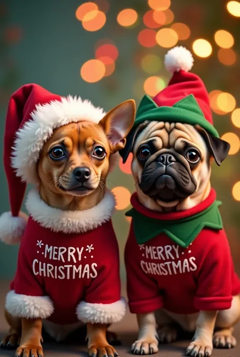 Picture of Pincher and a pug in Christmas costumes that say merry Christmas against a background of lights