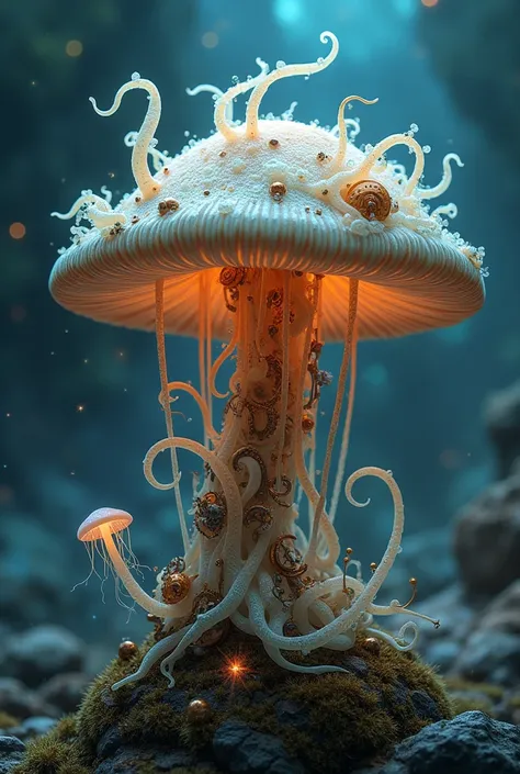 Mushroom with jellyfish texture , cosmic style, steampunk 