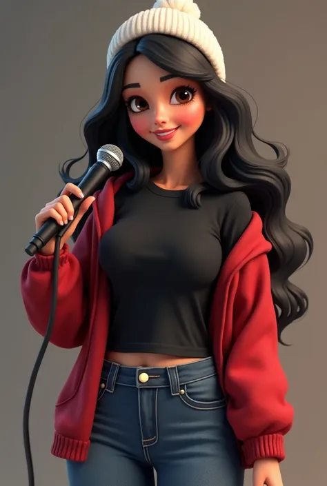 Create animated 3D image personality name Vanessa on the pretty tall plump womens t-shirt long black wavy hair brown eyes jean long black t-shirt red tennis black white wool hat singing with microphone in hand 