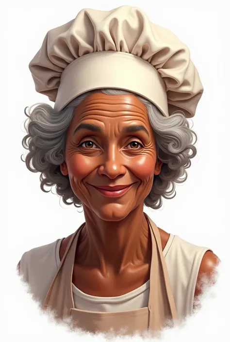 Llama on a white background , Create a character of a dark-skinned grandma,  brown hair, With a cook hat style for logos
 