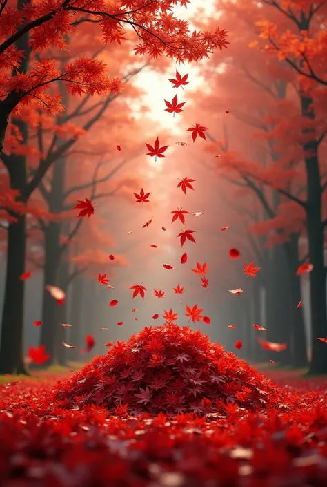  Create an image of several falling mapple leaves forming a red pile of dripped red leaves on the ground,. Background a forest of Mapple trees 