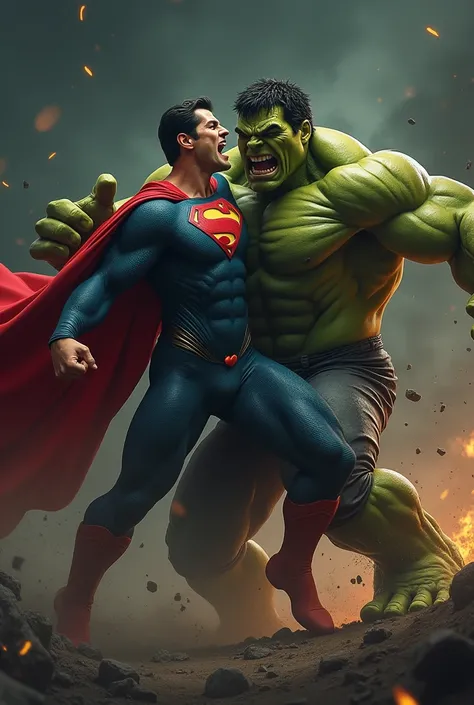  enraged Superman fighting , with Hulk , Diabolical, muscles, violent, Ojos rojos, 