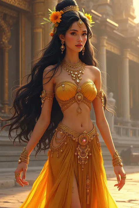 "Create an illustration of a royal princess from the Bagan dynasty in ancient Myanmar. The princess is wearing an elegant traditional belly dancer style outfit made of golden silk with intricate patterns. She has long, beautifully styled black hair adorned...