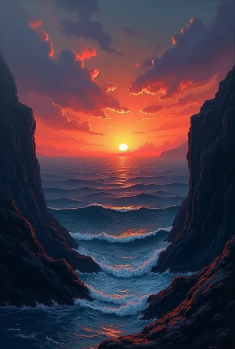 Make a painting of a sunset with dark colors overlooking the sea

