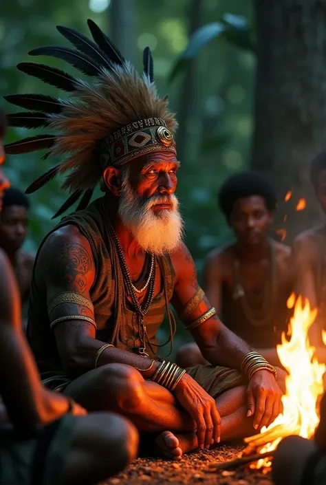 An elder of the Karuma tribe sitting cross-legged by a crackling fire, wearing intricate ceremonial garments and a feathered headdress, his face illuminated by the flames as he recounts the legend to a circle of listeners, the thick Amazon forest looming i...