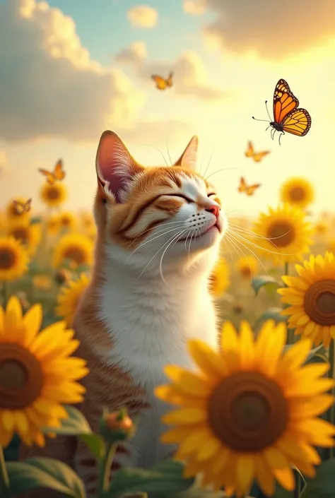  A relaxed cat with its eyes closed ,  surrounded by sunflowers under a sky with white clouds with yellow gradient . Butterflies fly around the cat ,  adding a touch of magic to the scene .  The soft lighting and vibrant colors create an atmosphere of tran...