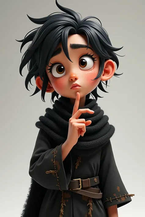 "A stylized animated character with expressive features, featuring messy black hair, thick eyebrows, and light freckles. The character has a thoughtful and slightly surprised expression, pointing upward with one finger as if having an idea. They are dresse...