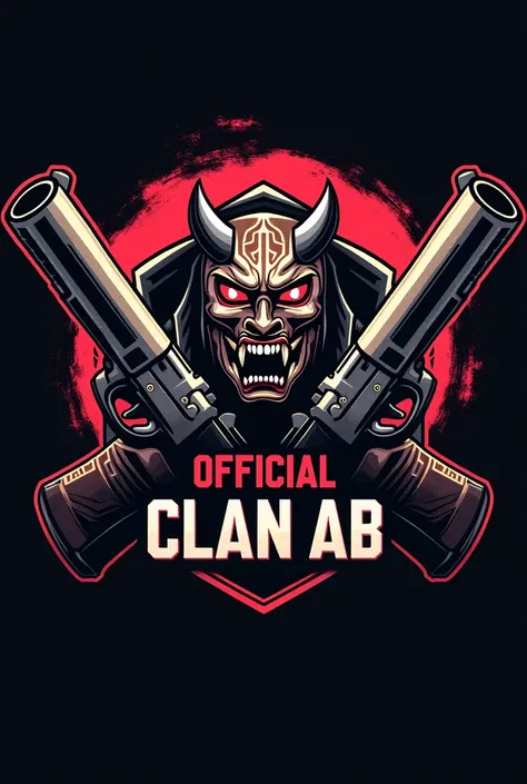 A logo that has two shotguns, a Sakura mask and the hit hot cap from the game Free Fire and that says OFFICIAL CLAN AB below 