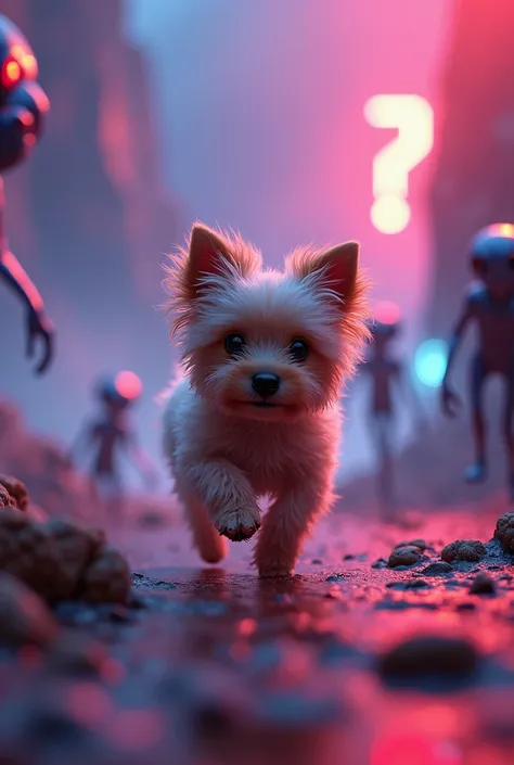 A fluffy Yorkshire Terrier puppy finds itself on a strange alien planet, scampering away from curious extraterrestrial beings. The scene is captured in a stunning 8k ultra-realistic painting, where the puppys adorable innocence contrasts with the neon glow...