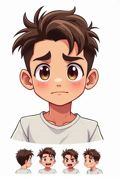 Create a Twitch Emote Badge for a young Caucasian Brazilian man,white shirt,  brown hair and eyes, Chibi Art,  big eyes ,  white background, Multiple expressions, anger, wanted, etc