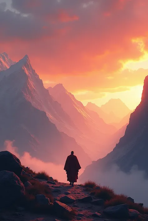  A monk walking in distant Tibet in an environment of Peace and Serenity, orange and pink sky 