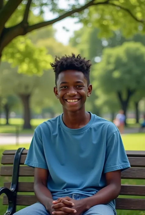 Create a realistic image of a 15-year-old black boy sitting on a park bench in a peaceful and green park. He is wearing a casual blue shirt, smiling happily and relaxed. His short curly hair and bright eyes show confidence and joy. The scene captures a mom...